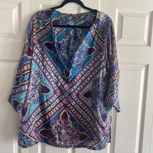 Tommy Bahama Purple Womens XL Purple Blue Paisley Boho Silk Tunic Top